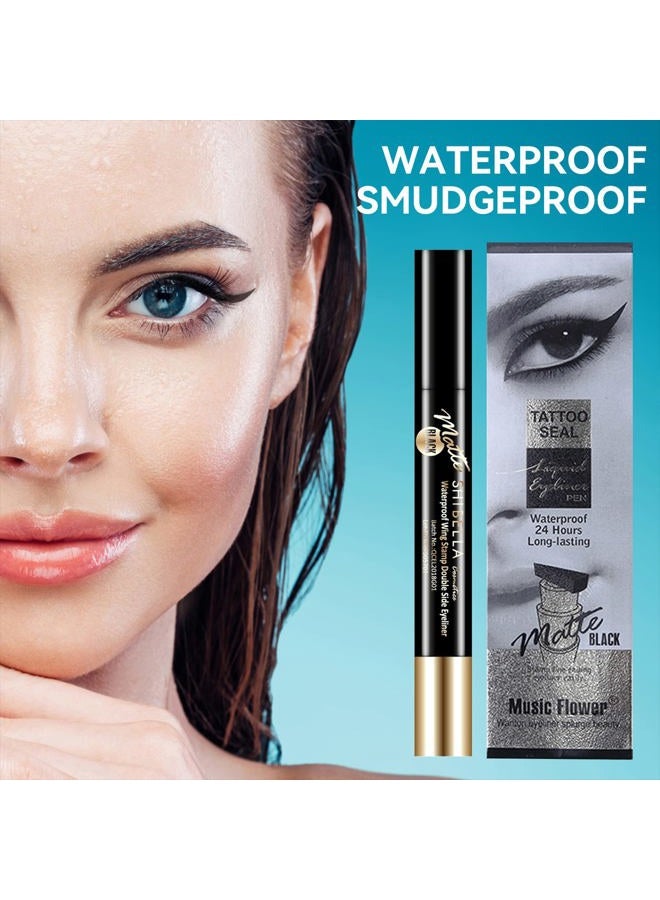 Music Flower ختم كحل - كحل سائل، كحل مقاوم للماء بختم جناحي، كحل أسود، يدوم طويلاً، مقاوم للتلطخ، يجف بسرعة، قلم مكياج عيون قطة، 10 مم - Image 5