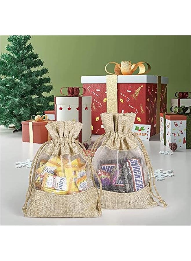 FYLX - 12 5x7 Burlap Drawstring Bags with Clear Open Window for Party Favors DIY Craft Birthday and Wedding  Small Toy Storage - Image 1