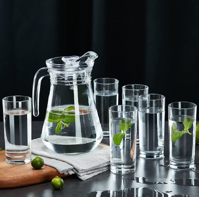 FINSTER Premium Jug With Glass Set - Crystal Glasses (6 Pieces, 300ml) and Water/Juice Jug (1.3 Liter) - Highball Glass Set for Dining Table, Transparent - Image 1