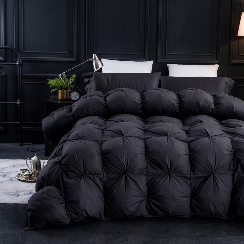 Three Geese Pinch Pleat Waterfowl Feathers and Down Comforter King Size Duvet Insert,750+ Fill Power,1200TC 100% Cotton, Premium All Seasons BlackGrey Comforter with 8 Tabs - Image 1