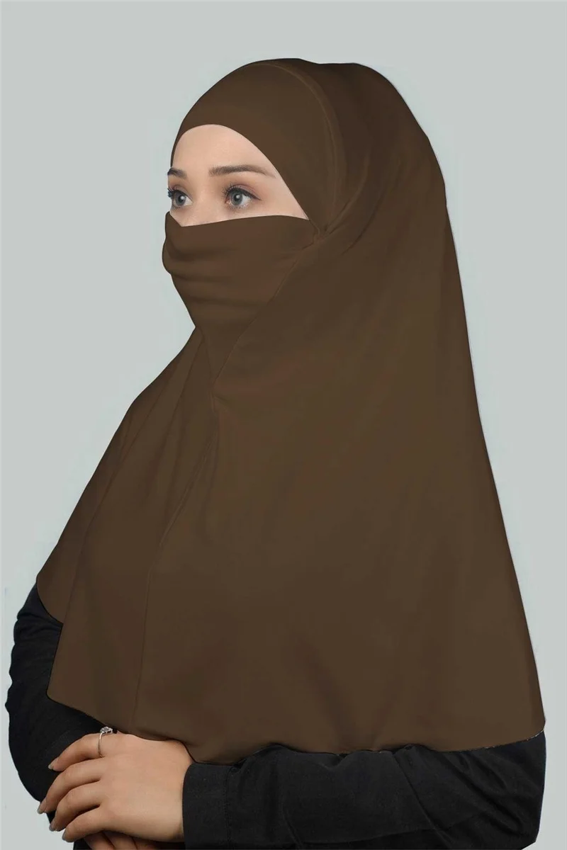 التوبة Ready-made Turban Practical Scarf with Veil Hijab with Nikap - Prayer Cover Soufflé (Xl) - Dark Mink