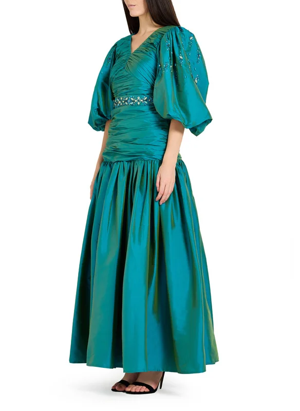 امري Ruched Detailed Dropped Waist Dress in Taffeta