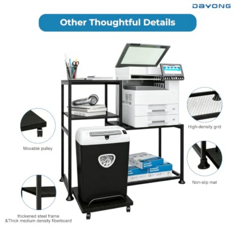 Printer Stand with Storage Shelves, Heavy Duty Printer Cabinet, 3-Tier Office Organiser, Printer Shredder Stand for Home Office, Table for Fax Machine/PC Tower Black - Image 3