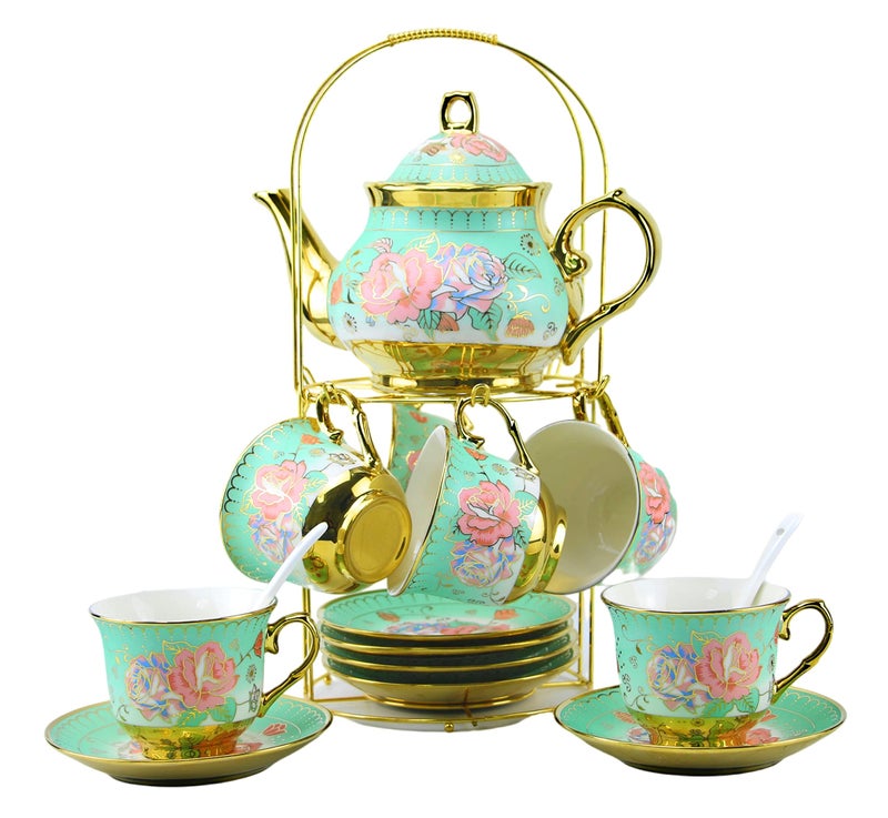20 Pieces Porcelain Tea Set With Metal Holder European Ceramic tea set for adultsFlower Tea SetTea Set For Women With Flower Painting Large version Green