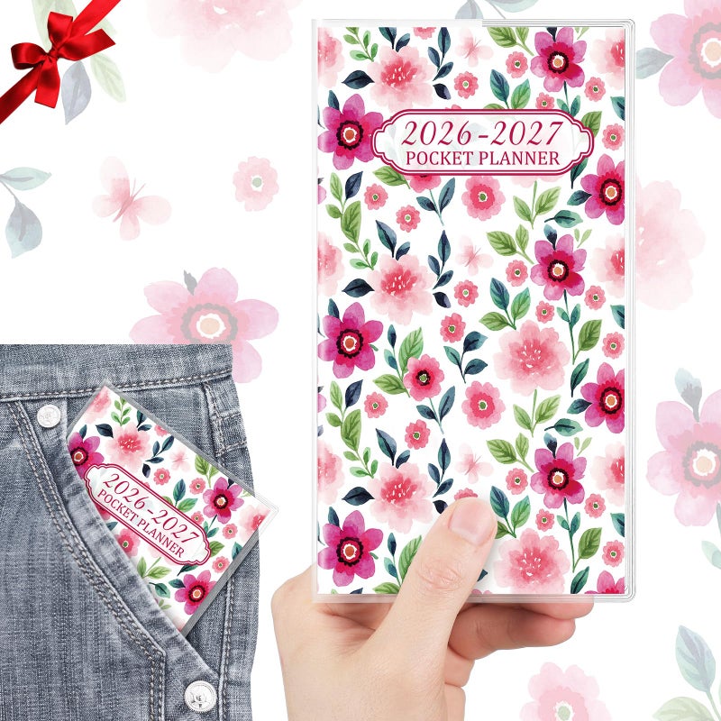 ReliThick 2026 Pocket Calendar for Purse Small Monthly Planner for Women Handy Weekly Pocket Planner Journal Notebook Christmas New Year Gift Sister Friends Women(2026-2027,Watercolor Floral) - Image 1