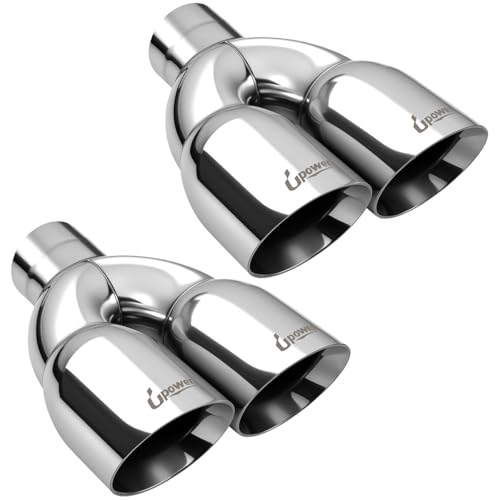 Upower Pack of 2 Dual Exhaust Tip Tailpipe 2.5 Inch Inlet 3.5" outlet 9.5" Length Polished Stainless Exhaust Tip for Car Truck (Double Wall Weld-On Angle Cut Design) - Image 1