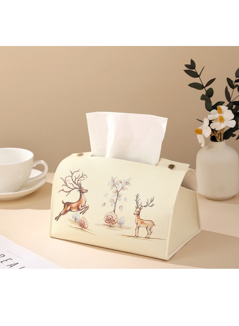 OASIS-TH Deer Pattern  Tissue Box Holder Rectangular Leather Tissue Box Cover Portable Facial Tissue Case For Car Office Bedroom Living Room Home Decor Tissue Cover Color Beige - Image 1