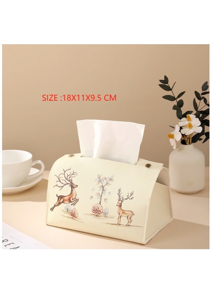 OASIS-TH Deer Pattern  Tissue Box Holder Rectangular Leather Tissue Box Cover Portable Facial Tissue Case For Car Office Bedroom Living Room Home Decor Tissue Cover Color Beige - Image 2