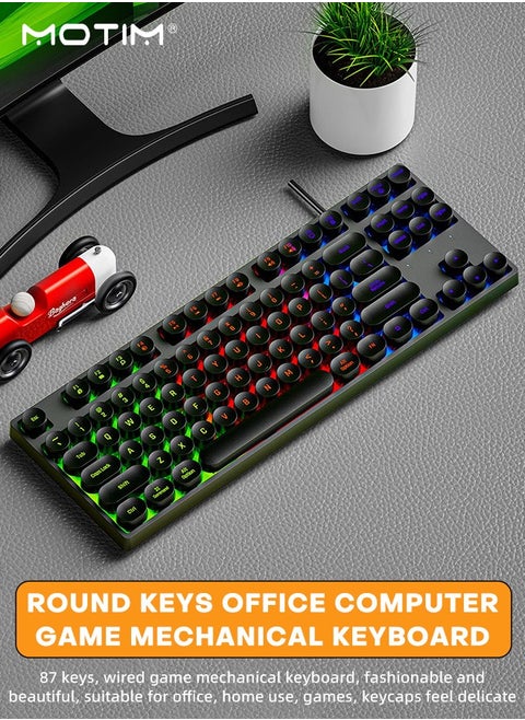 Mechanical Gaming Keyboard, Punk Rainbow Backlit Keyboard, 87 Key Round Keycaps USB Wired Retro Typewriter Style Keyboard for PC/Mac Computer Gamer, Typist