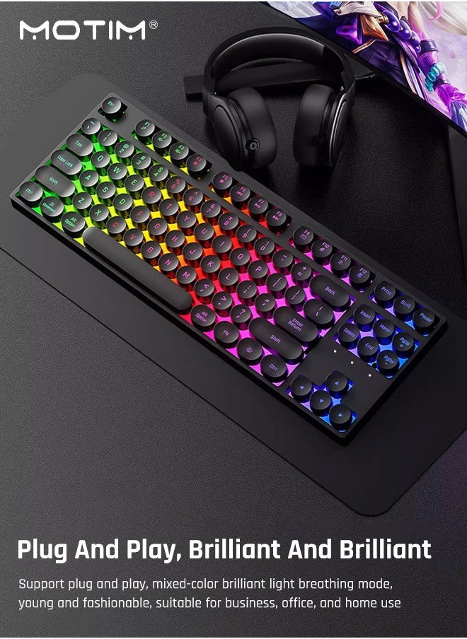 Mechanical Gaming Keyboard, Punk Rainbow Backlit Keyboard, 87 Key Round Keycaps USB Wired Retro Typewriter Style Keyboard for PC/Mac Computer Gamer, Typist