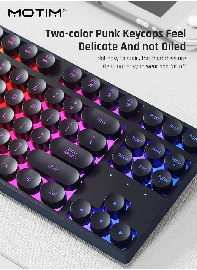 Mechanical Gaming Keyboard, Punk Rainbow Backlit Keyboard, 87 Key Round Keycaps USB Wired Retro Typewriter Style Keyboard for PC/Mac Computer Gamer, Typist
