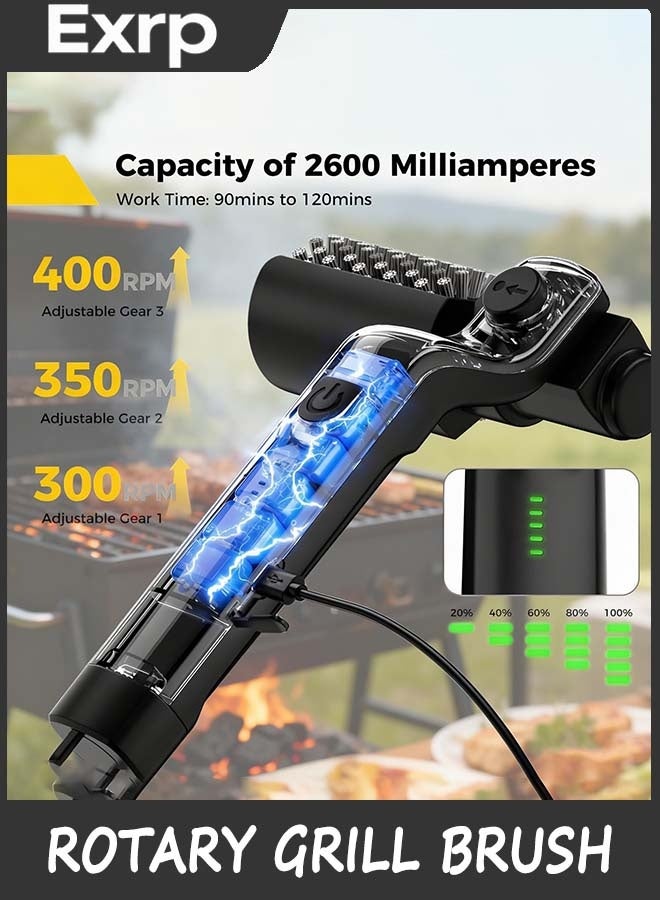 Exrp Electric Rotary Grill Brush for Outdoor Grill, 3-Speed Power Control, 304 Stainless Steel BBQ Grill Brush with No Bristle Shedding, 90 Mins Extended Runtime Grill Cleaning Brush (Black) - Image 3