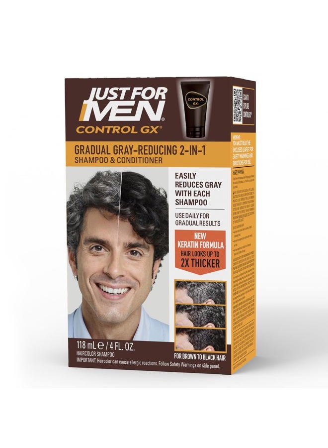 Just For Men Control GX Grey Reducing 2-in-1 Shampoo and Conditioner, Gradual Hair Color with Keratin for Stronger Thicker and Healthier Looking Hair, 4 Fl Oz - Pack of 1 (Packaging May Vary) - Image 1