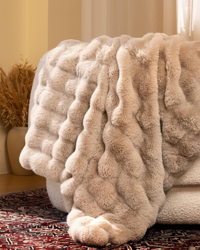 blunique Ultra Soft Cozy Faux Fur Throw Blanket, Fuzzy Plush Thick Bubble Blanket, Oversize Luxury Fluffy Blanket for Couch, Sofa, Bedroom, and Living Room, 50x60 Inches, Light Brown - Image 2