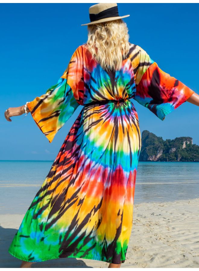 Loquat Cotton Print Cardigan Vacation Casual Beach Bikini Mousse 1062 22 Color-Color:Rainbow 15- - Image 1