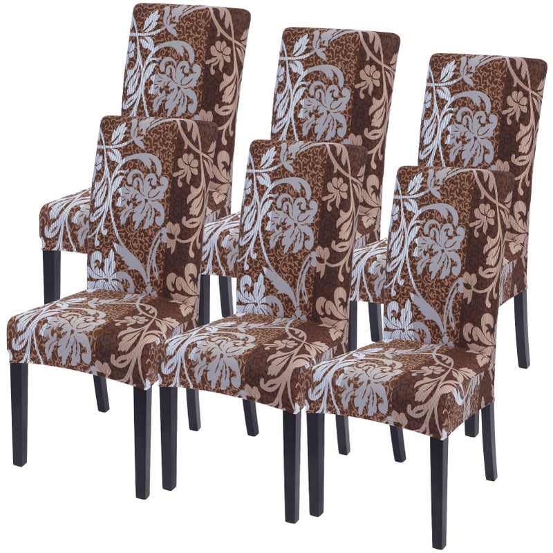 SearchI Dining Room Chair Covers Set of 6, Stretch Printed Parsons Chair Slipcovers Removable Washable Kitchen Chair Protector Cover for Dining Room, Hotel, Ceremony (Brown+Flower) - Image 1