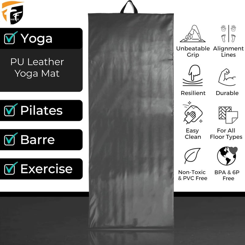 FirstFit حصيرة يوغا جلدية PU فاخرة بسماكة 10 مم، حصيرة يوغا سميكة إضافية للتمارين، اللياقة البدنية والتأمل مع حزام حمل للرجال والنساء - الحجم (69 × 24 بوصة) باللون الأسود - Image 3