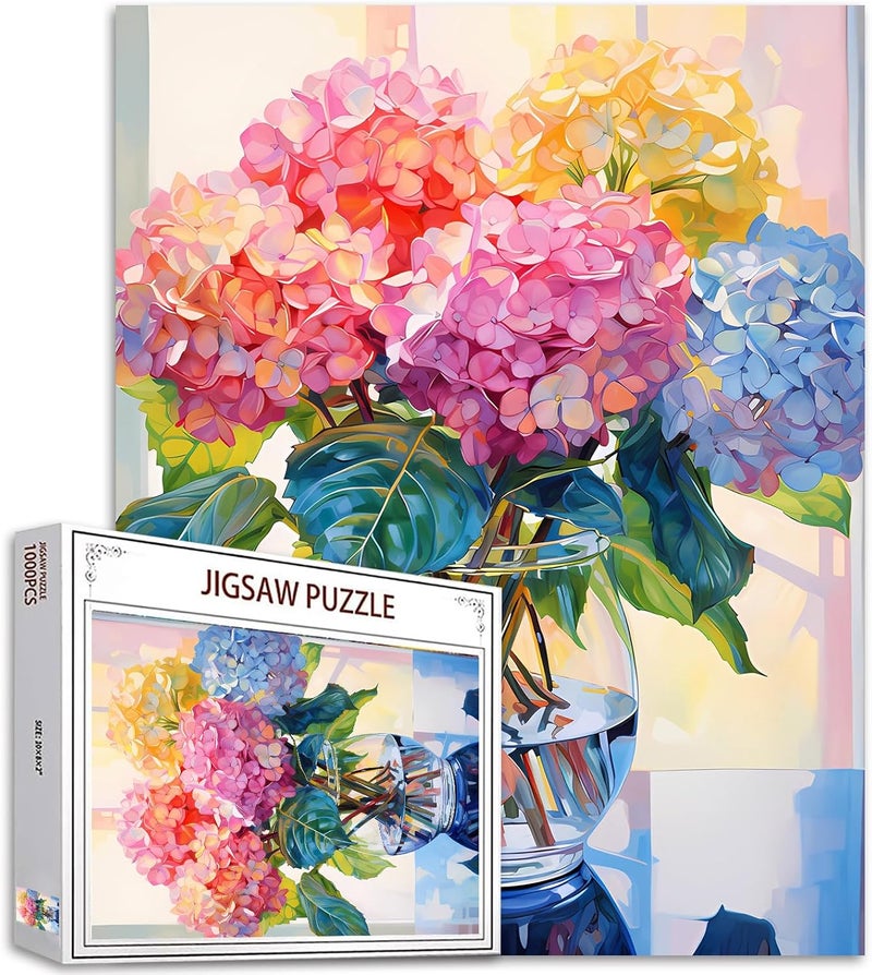 Tucocoo Hydrangea in Glass Vase Jigsaw Puzzle 1000 Pieces Puzzles for Adults Blossom Flowers Jigsaw Puzzles for Challenging Family Activity Games DIY Puzzle for Home Wall Decor Gifts  20 x 27 Inches - Image 1