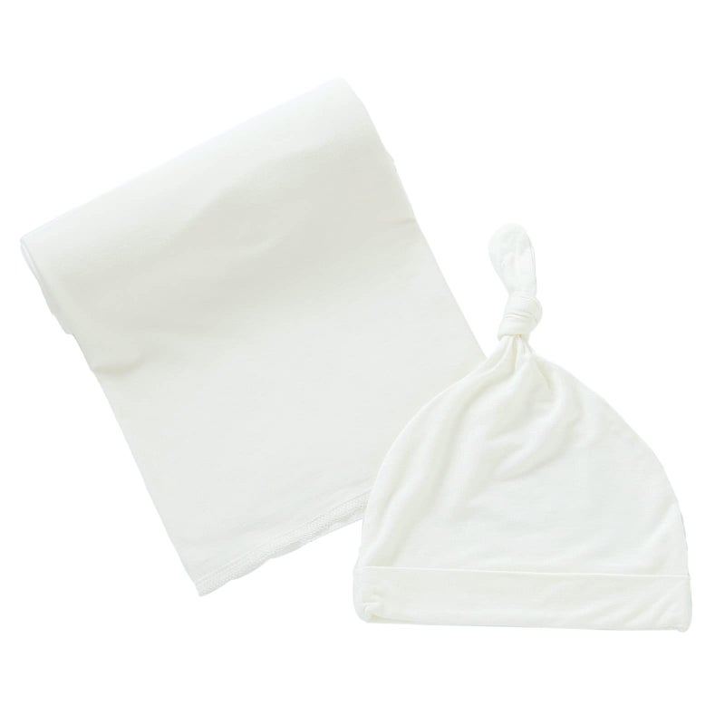 iEvolve Cotton Knitted Baby Swaddle Blanket with Hat Headband Set Newborn Swaddle Wrap Receiving Blankets for Baby Girl Boy 35" x 35"(White) - Image 1