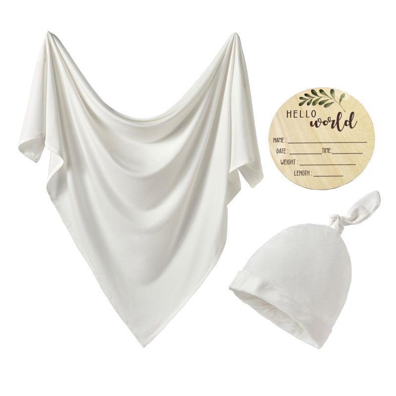 iEvolve Cotton Knitted Baby Swaddle Blanket with Hat Headband Set Newborn Swaddle Wrap Receiving Blankets for Baby Girl Boy 35" x 35"(White) - Image 2