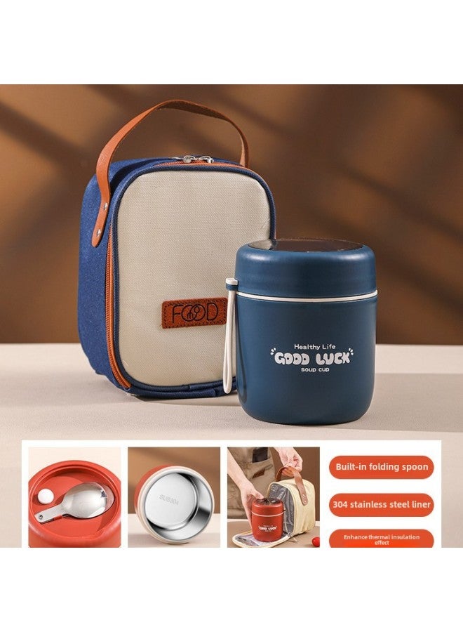 Office Worker Portable Chopsticks Cup Soup Pot Soup Pot Rice Bucket Rice Porridge Box Small Soup Cup Lunch Box Stainless Steel Insulated Soup Bowl-Specifications:Blue-530ml + Carrying Bag  - Image 1