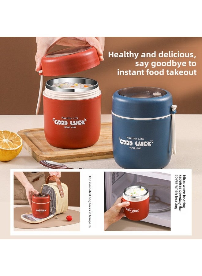 Office Worker Portable Chopsticks Cup Soup Pot Soup Pot Rice Bucket Rice Porridge Box Small Soup Cup Lunch Box Stainless Steel Insulated Soup Bowl-Specifications:Blue-530ml + Carrying Bag  - Image 3