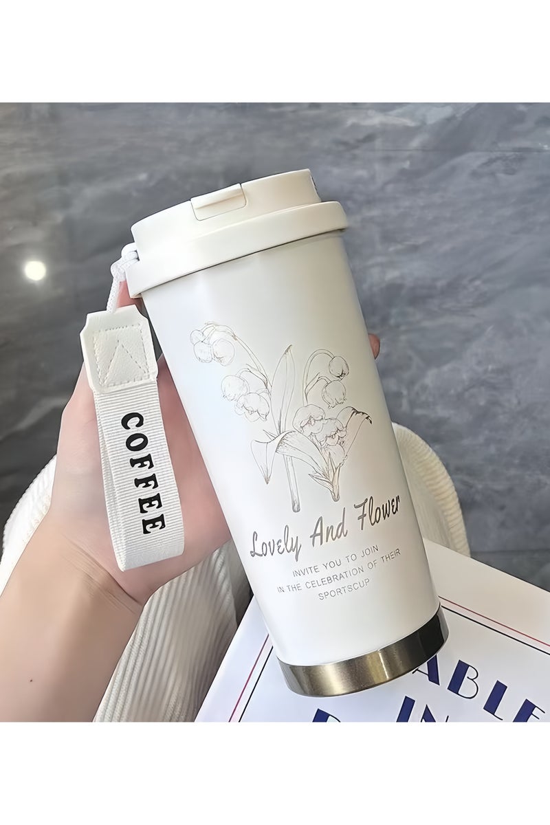 LOVELY 500ml Double Drink Vacuum Insulated Cup with Straw Insulated Coffee Cup Thermos 316 Stainless Steel Women's Flower Coffee Cup - Image 1