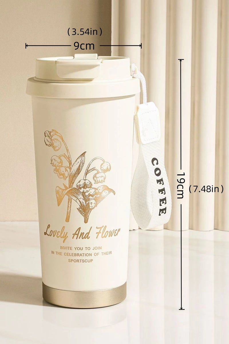 LOVELY 500ml Double Drink Vacuum Insulated Cup with Straw Insulated Coffee Cup Thermos 316 Stainless Steel Women's Flower Coffee Cup - Image 4