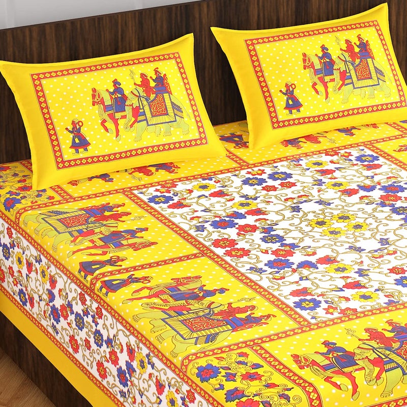 BedZone Cotton Rajasthani Jaipuri Traditional Fashion King Size Double Bed Bedsheet with 2 Pillow Covers AYellow - Image 1