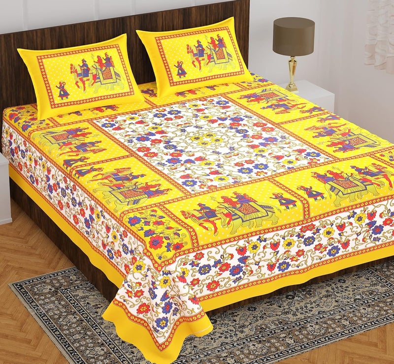 BedZone Cotton Rajasthani Jaipuri Traditional Fashion King Size Double Bed Bedsheet with 2 Pillow Covers AYellow - Image 2
