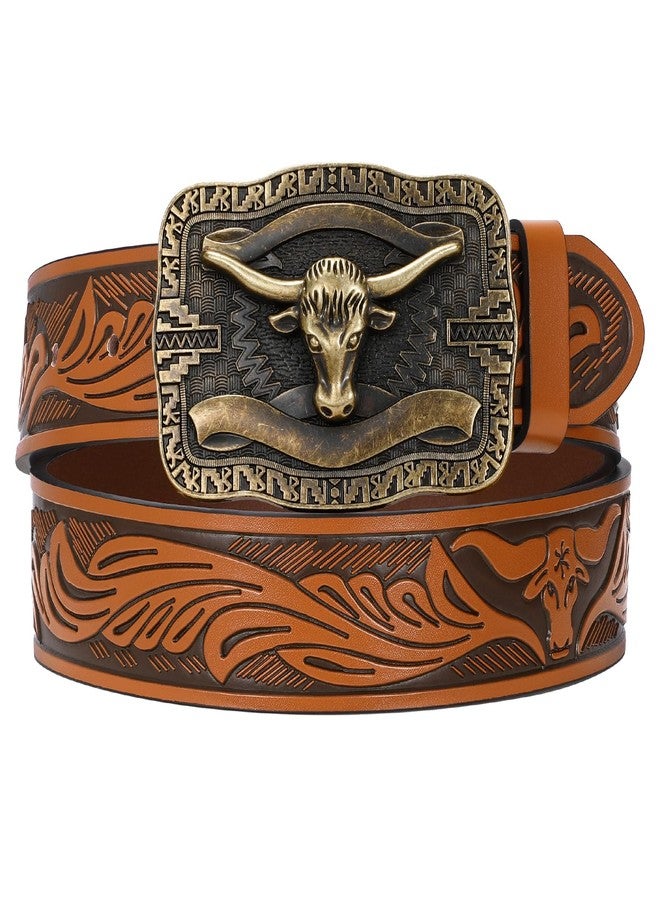 TRIWORKS Men Women Western Floral Engraved Belt Cowboy Leather Belt Longhorn Buckle Country Belt for Jeans Dress - Image 1