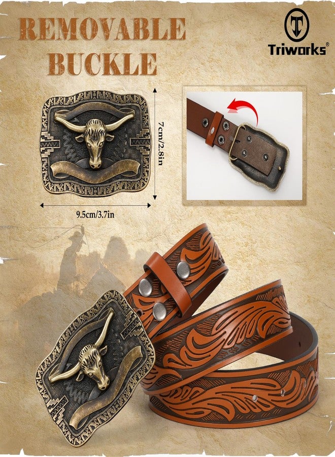 TRIWORKS Men Women Western Floral Engraved Belt Cowboy Leather Belt Longhorn Buckle Country Belt for Jeans Dress - Image 5