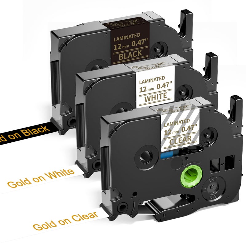 GreaTeam Replacement for Brother P Touch Label Tape Gold on Clear TZe TZ 12mm 0.47 Inch Label Maker Tape TZe-134 TZe-234 TZe-334 (Gold on Clear/White/Black) for Brother PT-D210 PT-H110 PT-D400 PT-D600, 3-Pack - Image 1