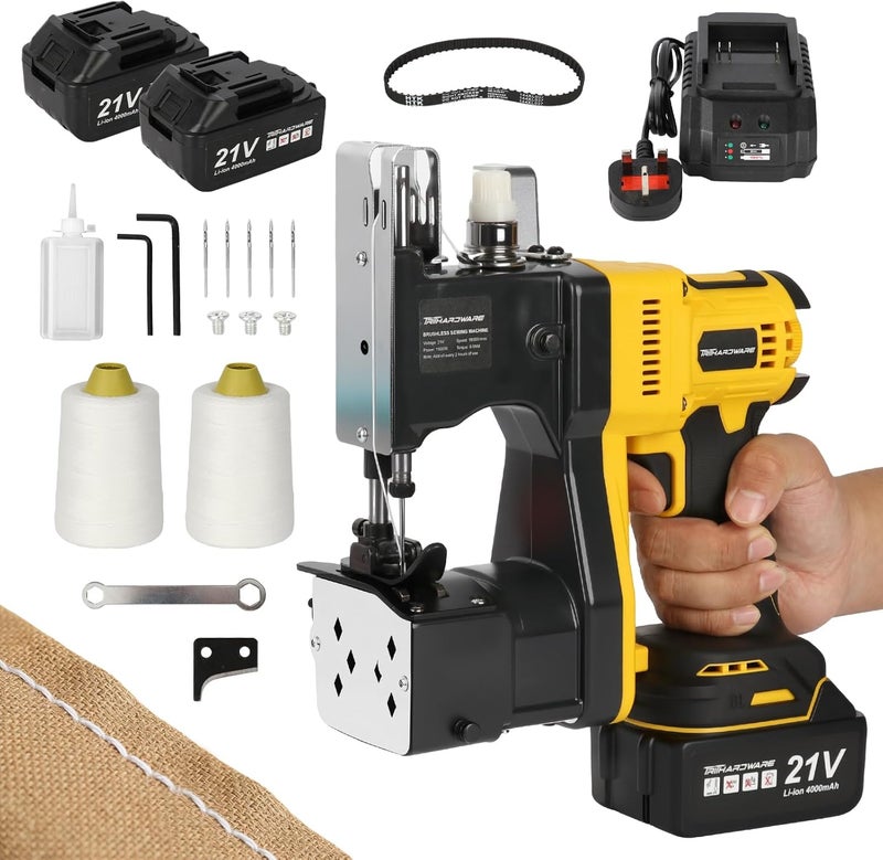 TriThardware 1000W Cordless Bag Sewing Machine with 2pcs Batteries, Portable Industrial Bag Closer, 2-Second Fast Sealingfor Woven PP/Canvas/Jute Bags, Factory &Farm Bag Stitcher-Yellow - Image 1