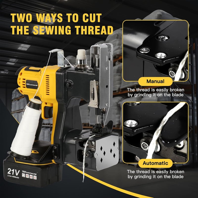 TriThardware 1000W Cordless Bag Sewing Machine with 2pcs Batteries, Portable Industrial Bag Closer, 2-Second Fast Sealingfor Woven PP/Canvas/Jute Bags, Factory &Farm Bag Stitcher-Yellow - Image 4