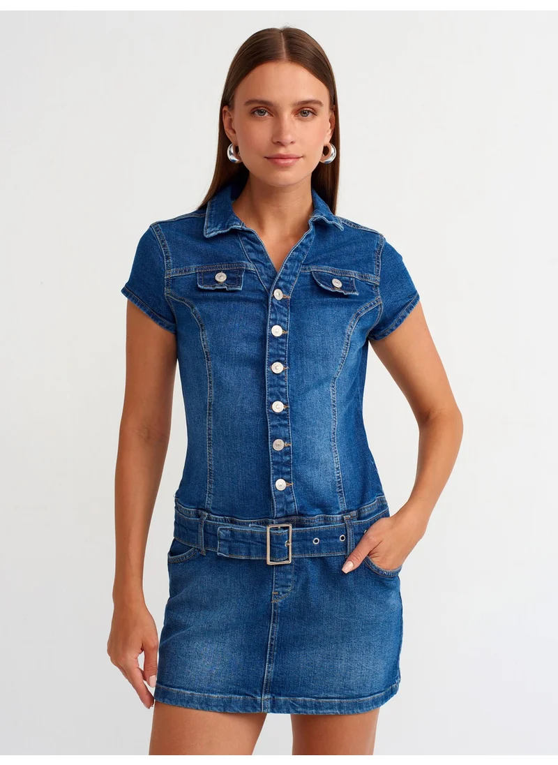 Dilvin 90539 Buttoned Denim Mini Dress-Blue