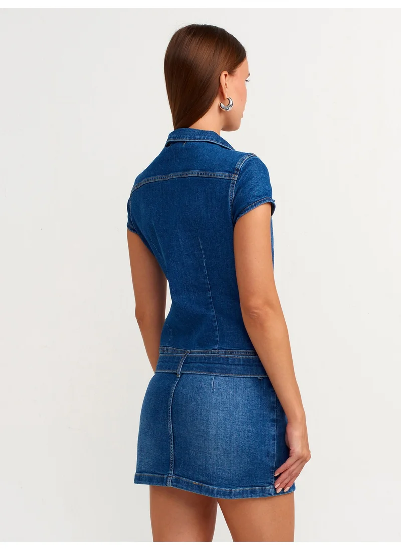 Dilvin 90539 Buttoned Denim Mini Dress-Blue