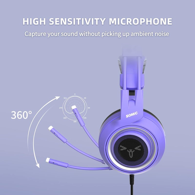 Somic G951S Purple Stereo Gaming Headset with Mic for PS4, PS5, Xbox One, PC, Phone, Detachable Cat Ear 3.5MM Noise Reduction Headphones Computer Gaming Headphone Self-Adjusting Gamer Headsets - Image 3