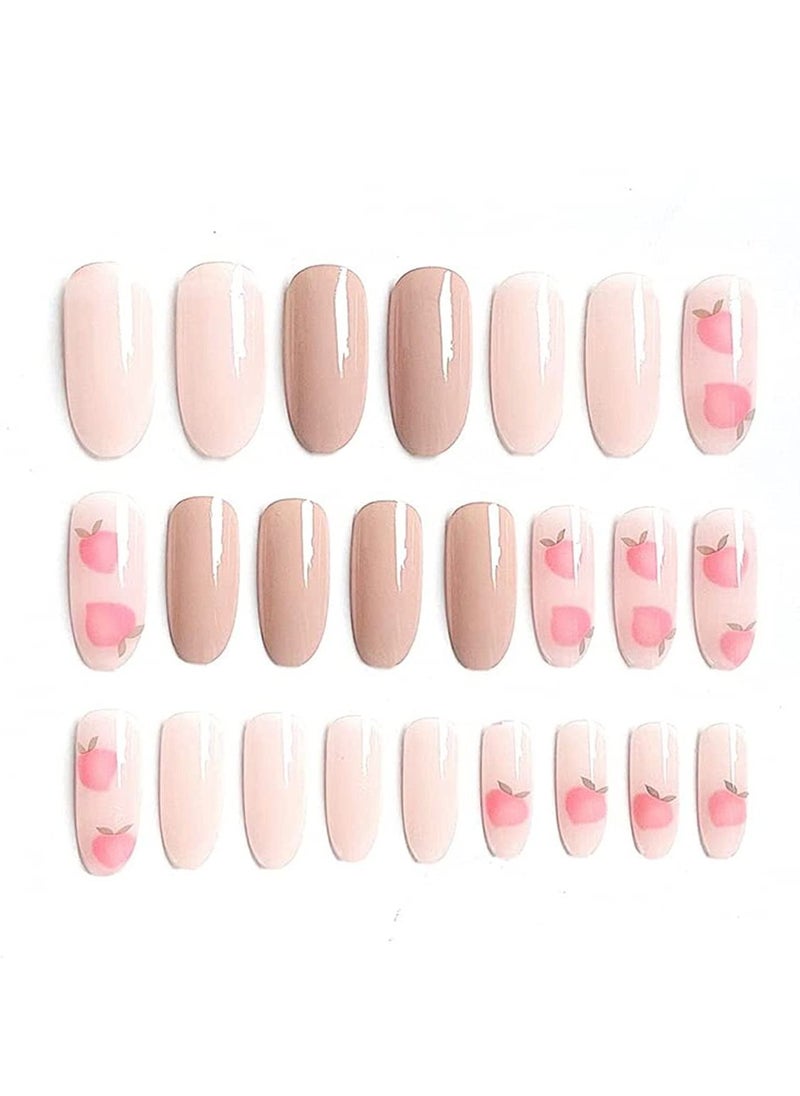 Y&D Glossy Nude Press on Nails Long Oval False Medium Length Pink Peach Pattern Fake Acrylic Full Cover Artificial Nail Tips for Women&Girls Manicure 24PCS  - Image 1