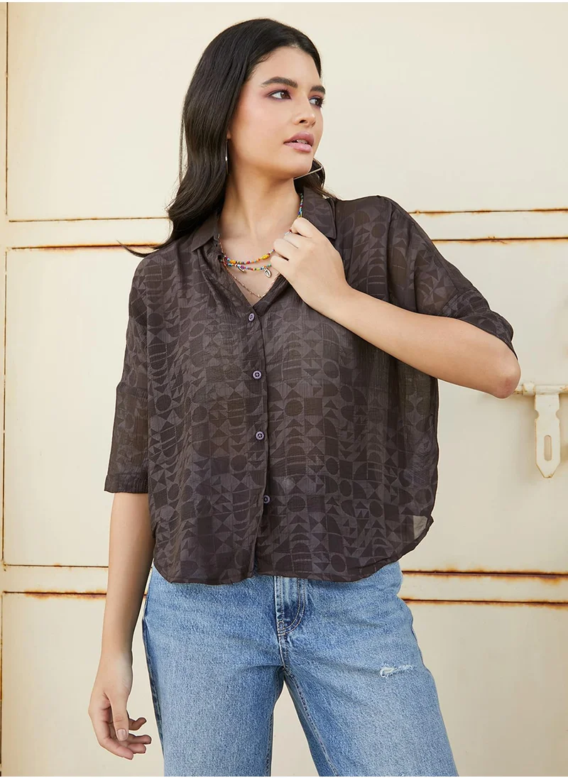 Campus Sutra Women's Coffee Brown Sheer Geometric Block Oversized Shirt