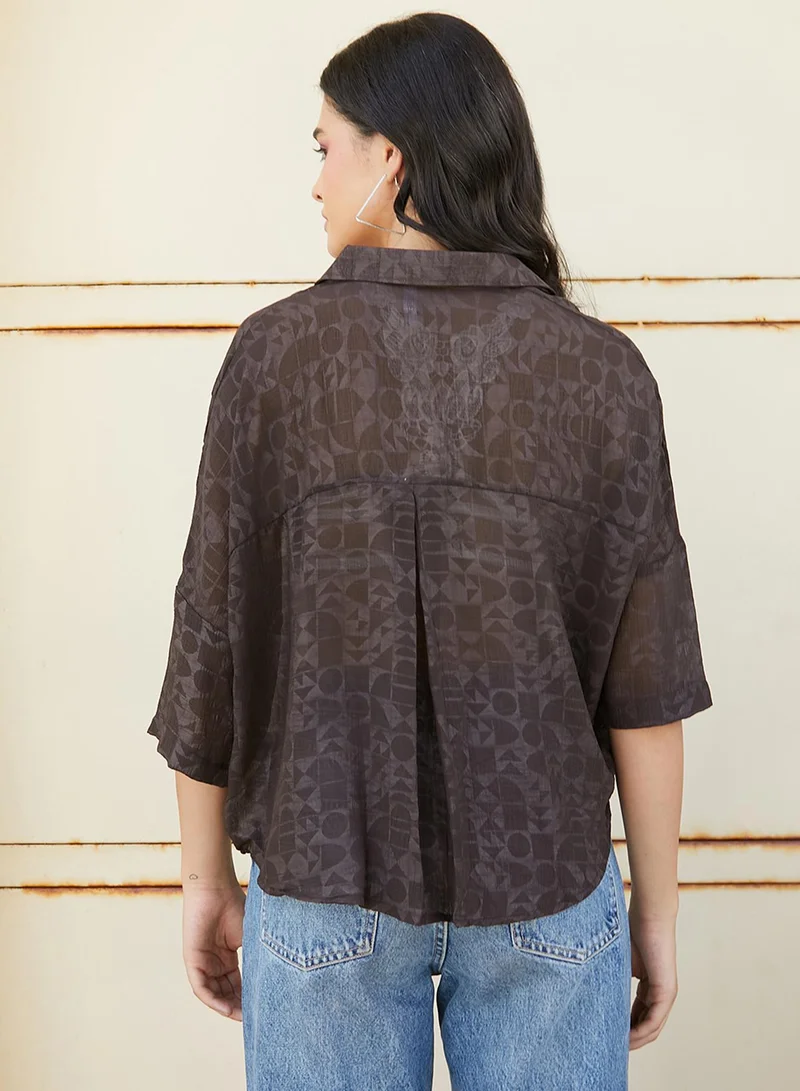 Campus Sutra Women's Coffee Brown Sheer Geometric Block Oversized Shirt