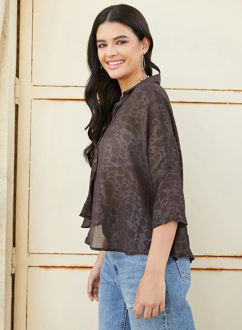 Campus Sutra Women's Coffee Brown Sheer Geometric Block Oversized Shirt