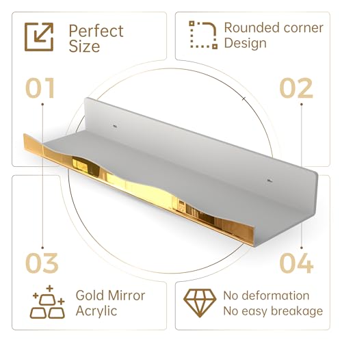 YMVV 157 in Large Golden Reflective Acrylic Mounted Floating Shelf Perfume Organizer Shelf Modern Bathroom Storage Toy Display Organizer Decor 4 Pack - Image 3