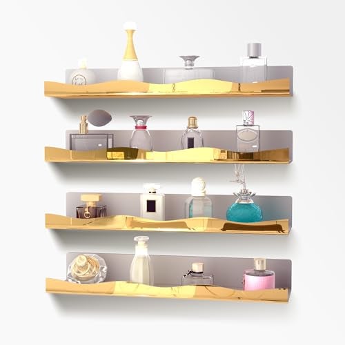 YMVV 157 in Large Golden Reflective Acrylic Mounted Floating Shelf Perfume Organizer Shelf Modern Bathroom Storage Toy Display Organizer Decor 4 Pack - Image 1