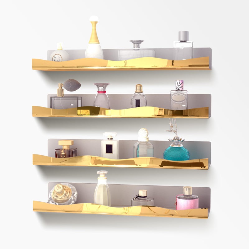 YMVV 157 in Large Golden Reflective Acrylic Mounted Floating Shelf Perfume Organizer Shelf Modern Bathroom Storage Toy Display Organizer Decor 4 Pack - Image 2