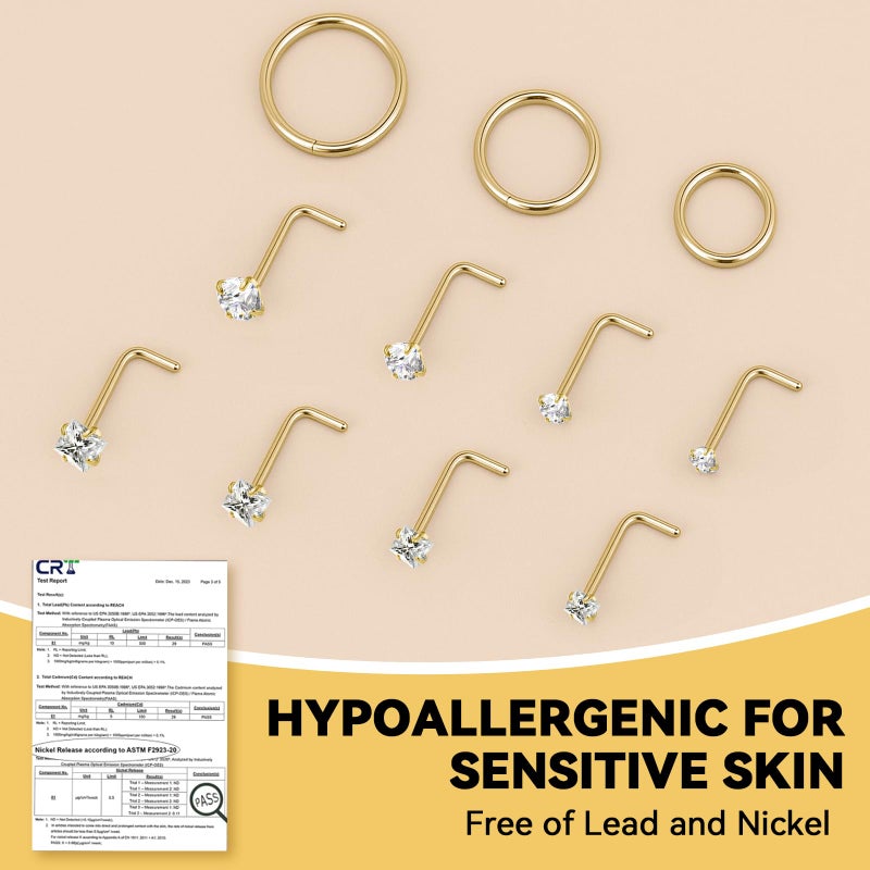 GingYing 20g Nose Rings Studs and 18g Nose Rings Hoops for Women Men: Hypoallergenic Surgical Stainless Steel Threadless Corkscrew/L Shape/Straight Nose Studs Round Square Simulated Diamond CZ 1.5/2/2.5/3mm Hinged Clicker Segment Nose Hoops Septum Nostril Piercing Nose Bone Jewelry 6/8/10mm 11pcs (11Pcs-Gold-L Shape nose stud+Nose ring hoop) - Image 4