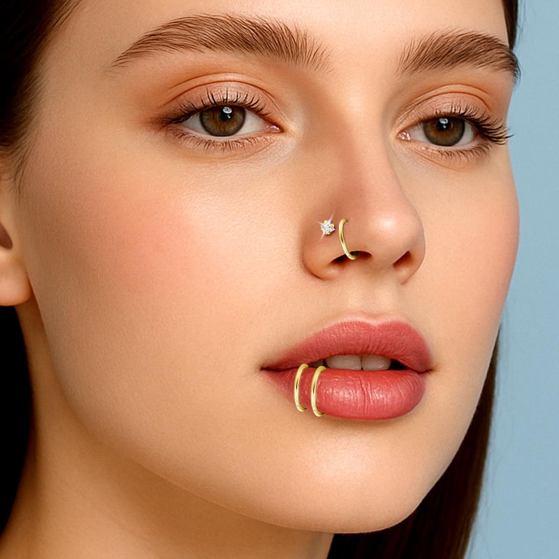 GingYing 20g Nose Rings Studs and 18g Nose Rings Hoops for Women Men: Hypoallergenic Surgical Stainless Steel Threadless Corkscrew/L Shape/Straight Nose Studs Round Square Simulated Diamond CZ 1.5/2/2.5/3mm Hinged Clicker Segment Nose Hoops Septum Nostril Piercing Nose Bone Jewelry 6/8/10mm 11pcs (11Pcs-Gold-L Shape nose stud+Nose ring hoop) - Image 3