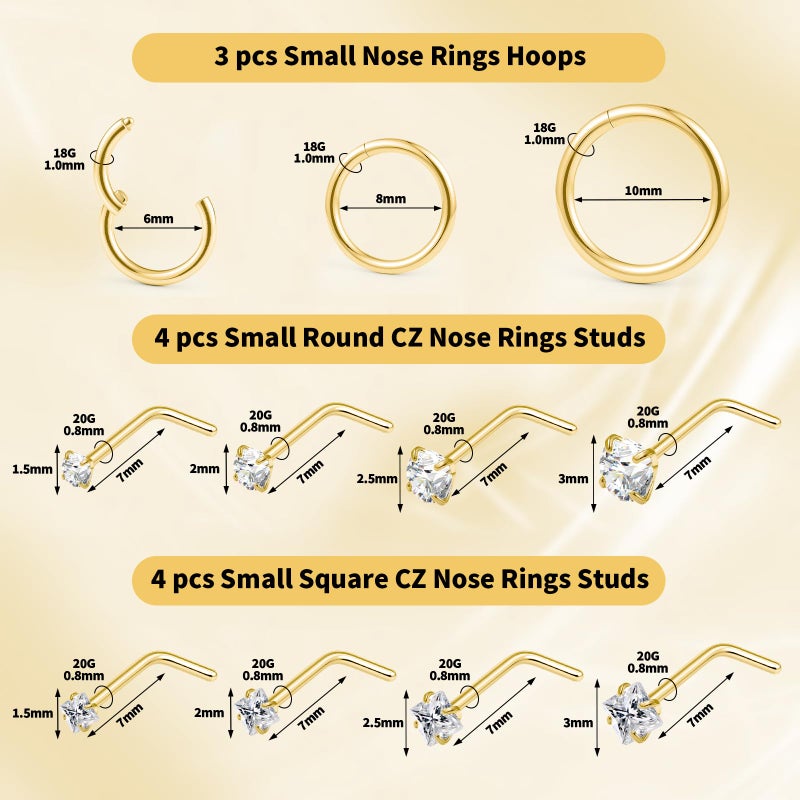 GingYing 20g Nose Rings Studs and 18g Nose Rings Hoops for Women Men: Hypoallergenic Surgical Stainless Steel Threadless Corkscrew/L Shape/Straight Nose Studs Round Square Simulated Diamond CZ 1.5/2/2.5/3mm Hinged Clicker Segment Nose Hoops Septum Nostril Piercing Nose Bone Jewelry 6/8/10mm 11pcs (11Pcs-Gold-L Shape nose stud+Nose ring hoop) - Image 2