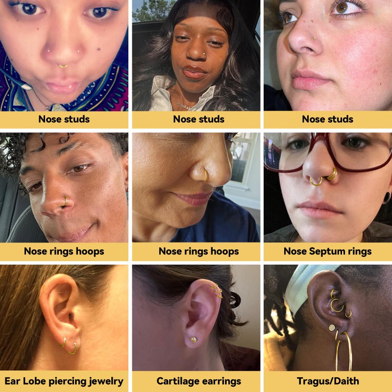 GingYing 20g Nose Rings Studs and 18g Nose Rings Hoops for Women Men: Hypoallergenic Surgical Stainless Steel Threadless Corkscrew/L Shape/Straight Nose Studs Round Square Simulated Diamond CZ 1.5/2/2.5/3mm Hinged Clicker Segment Nose Hoops Septum Nostril Piercing Nose Bone Jewelry 6/8/10mm 11pcs (11Pcs-Gold-L Shape nose stud+Nose ring hoop) - Image 5