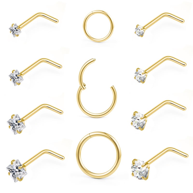 GingYing 20g Nose Rings Studs and 18g Nose Rings Hoops for Women Men: Hypoallergenic Surgical Stainless Steel Threadless Corkscrew/L Shape/Straight Nose Studs Round Square Simulated Diamond CZ 1.5/2/2.5/3mm Hinged Clicker Segment Nose Hoops Septum Nostril Piercing Nose Bone Jewelry 6/8/10mm 11pcs (11Pcs-Gold-L Shape nose stud+Nose ring hoop) - Image 1